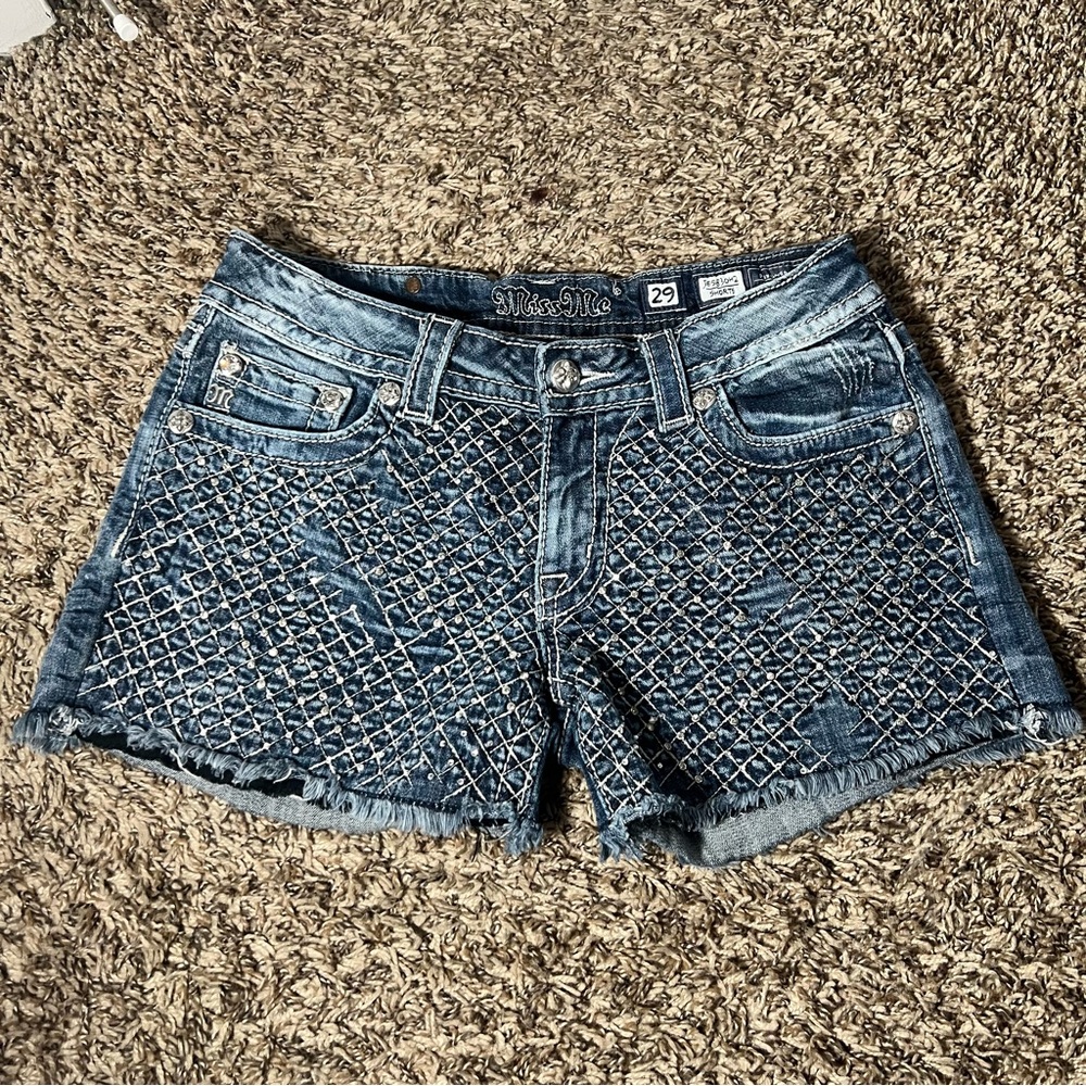 Miss Me Low Rise Crystal Front Bedazzle Denim Short Shorts
